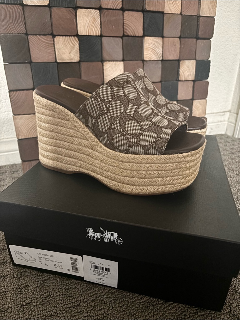 Coach Tan Signature Canvas Espadrille Platform Wedge Sandals